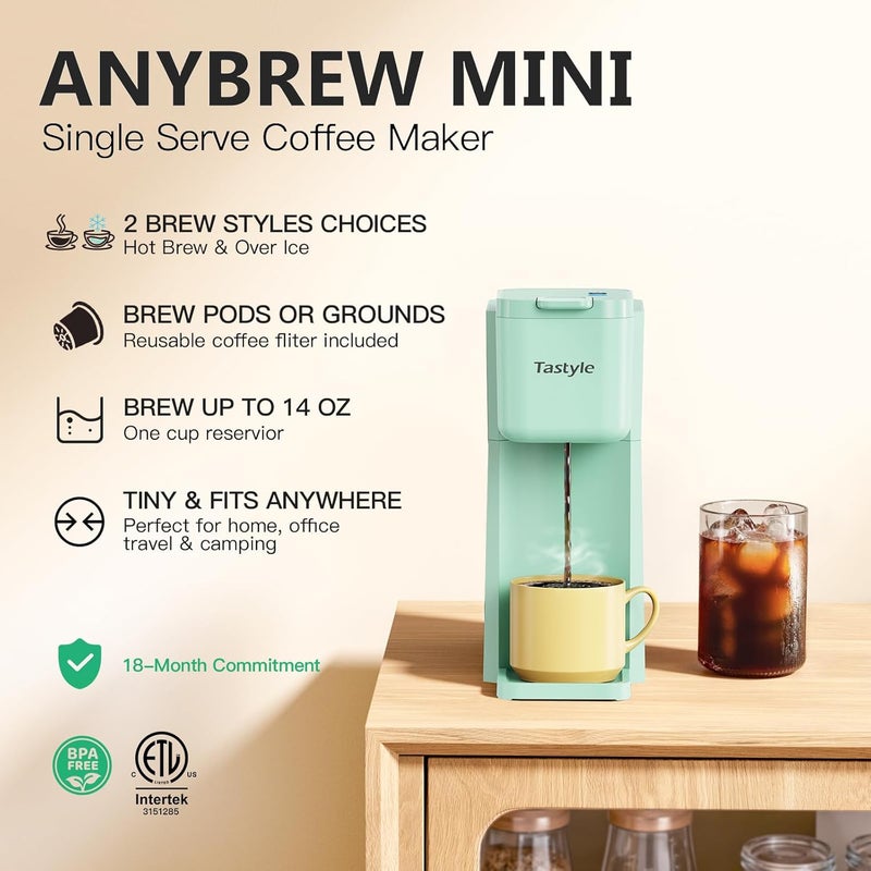 Tastyle Mini Hot and Iced Coffee Maker Single Serve, for K Cup and Ground, 6 to 14 Oz Brew Sizes, with Recipe Book, for Home, Travel, RV, Office and Dorm, Mint - Image 2